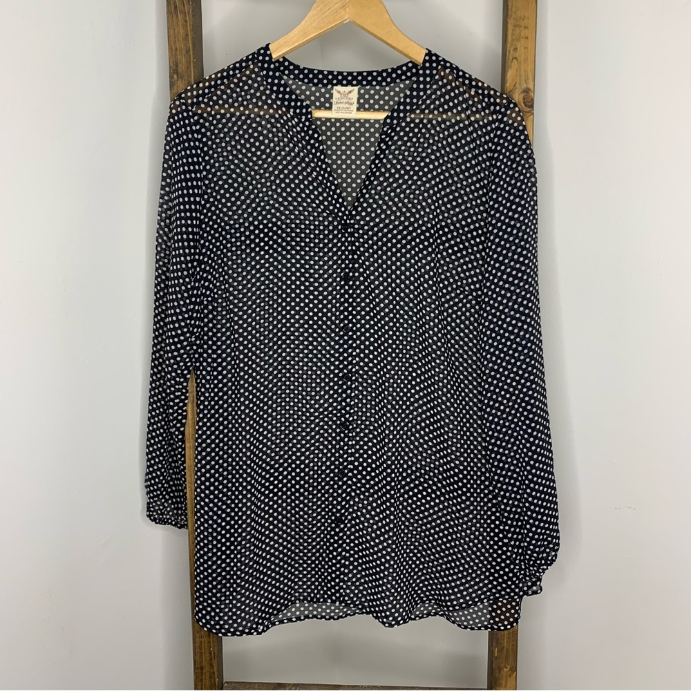 Faded Glory Black Polka Dot Button Down Blouse 1XL